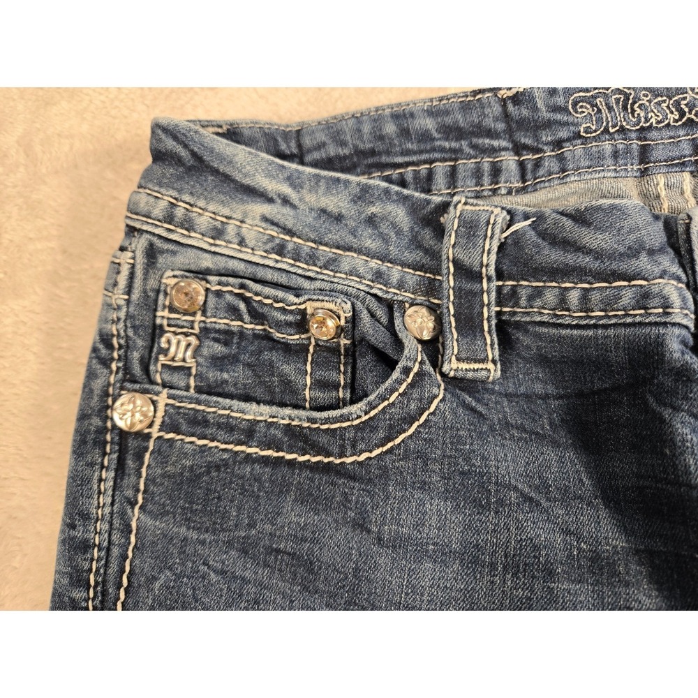 Miss Me Fleur De Lis Embroidered Rhinestone Bootcut Jeans Blue Denim Womens 29